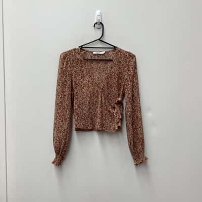 N A K D pleated overlap tie blouse  Womens  Size 34 Long Sleeve Brown / Cream / Green 
