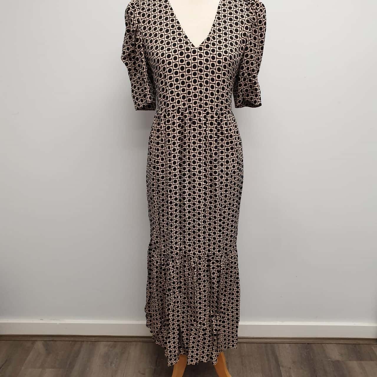 Seed Heritage Stunning Black & Taupe Geo Patterned Midi Dress Size 12 - RRP  $169.00 (s)
