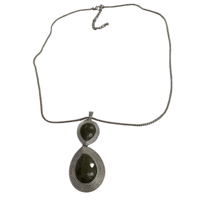 Smokey Olive Double Teardrop Endant on a silver tone necklace