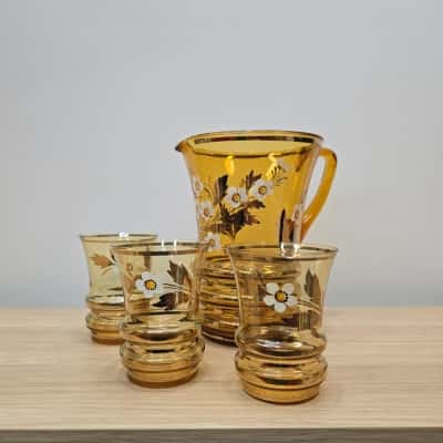 Vintage Amber Jug & 3 Glasses 
