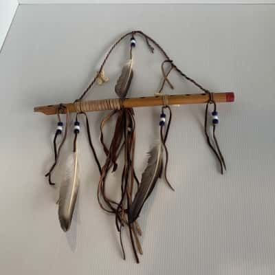 Navajo Style Handcrafted Bamboo Flute Wall Hanging - Leather & Feathers