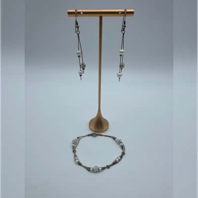 Sparkly Pearl Bracelet & Dangle Earring Set Stamped 925