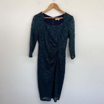 Anthea Crawford Dark Green Embellished Long SLeeve Lace Midi Dress  Size 12 