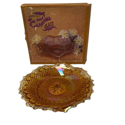 Vintage 1970s Indiana glass iridescent gold hostess crimp plate