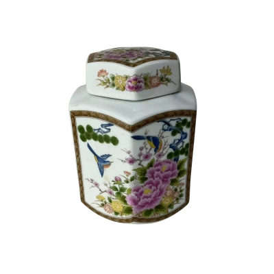 Japanese Multicoloured Bird & Flowers Porcelain Hexagonal Lidded Ginger Jar