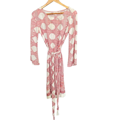 Leona Edmiston Women's Size 1 Midi Dress Pink /  Off White with Belt