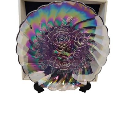 Vintage Carnival Glass Clear Iridescent Flower Pattern Plate 