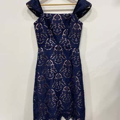 Review Womens  Size 6 Cocktail Dress / Party Dress / Short Sleeve Dress  Navy Blue / Pink  