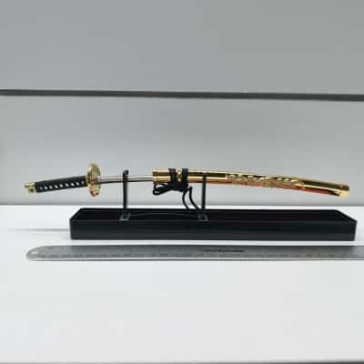 Miniature Japanese Katana Samurai Sword Letter Opener Gold Dragon Sheath Display Stand