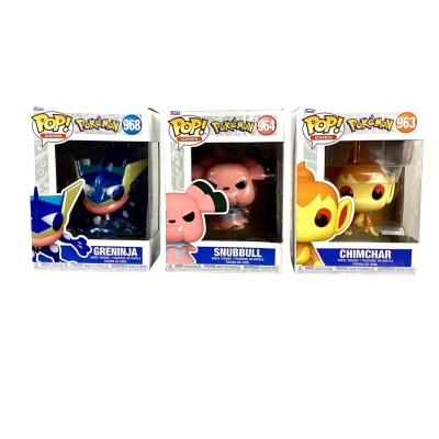 Pokémon Funko Pop! vinyl figures Games collection: Greninja (#968), Snubbull (#964), and Chimchar (#963). 