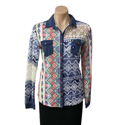 Desigual Womens Size M Multicoloured Embroidered Pattern / Lace Insert Long Sleeve Shirt 