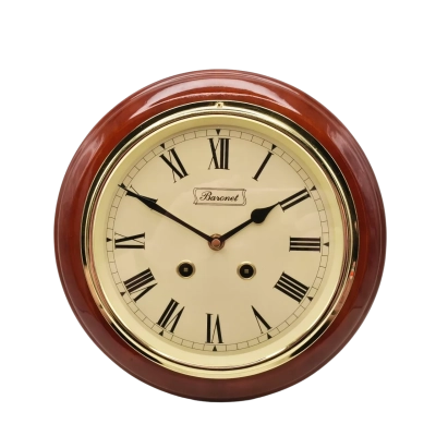 Vintage "Baronet" Wall Clock In Great Condition Wooden Mount With Brass Look Face Surround - Tested Working  28cm Diameter  (brica shelf)