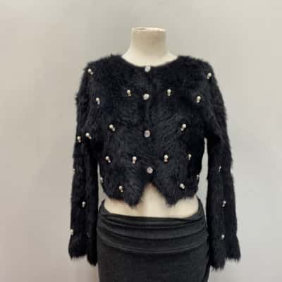  Womens  Size L Cropped Cardigan Black  / Pearl & Diamonte 