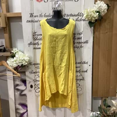 Ridley Brand! 100% LINEN SLEEVELESS FRAYED EDGED DETAIL MIDI DRESS! Womens  Size S Midi Dress / Sleeveless Dress  Yellow 