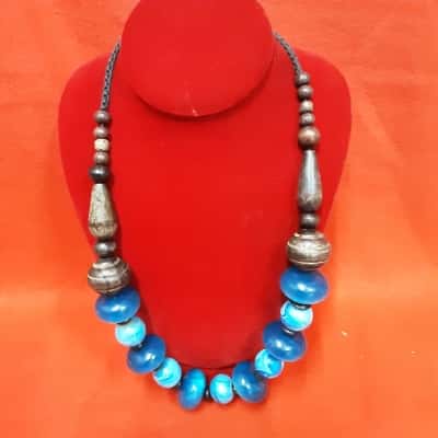 Handmade Bohemian style necklace featuring blue turquoise and Wood and  resin  beads