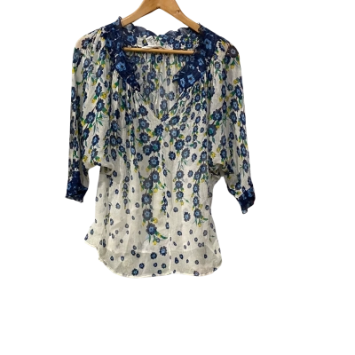 Diane Von Furstenberg Womens  Size 6 opaque Blouse Blue / Floral / White 