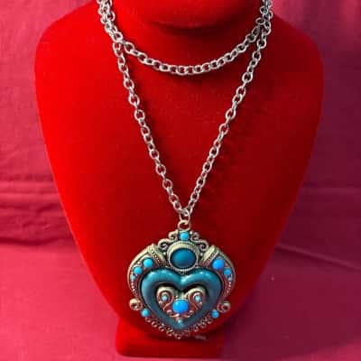  Women's Silver Tone Turquoise Heart Pendant Necklace 