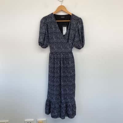 Forcast Black Blue Candice Wrap Midi Dress  Size 12 