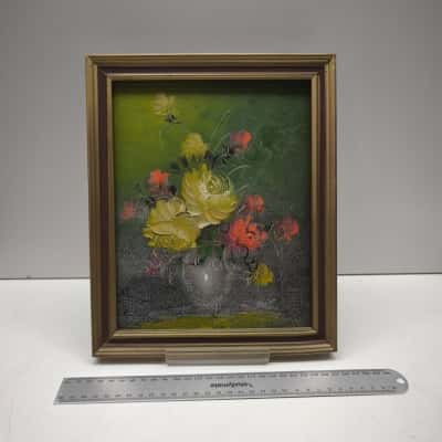 Vintage Impasto Floral Still Life Oil Painting Yellow Coral Roses Glass Vase Signed Gold Trim Frame