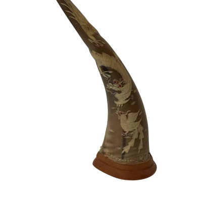 Vintage carved dragon and rooster into water buffalo horn