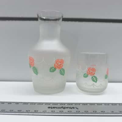 Vintage Frosted Glass Vase & Tumbler with Red Rose Pattern