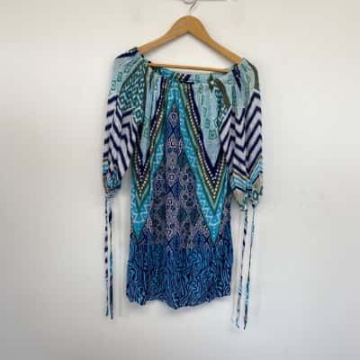 Cin Ta Tomato Blue Pattern Long SLeeve Mini Dress One Size