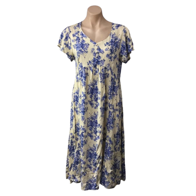 Hourglass Womens Size 10 Cream / Blue Floral Short Sleeve Midi Dress  