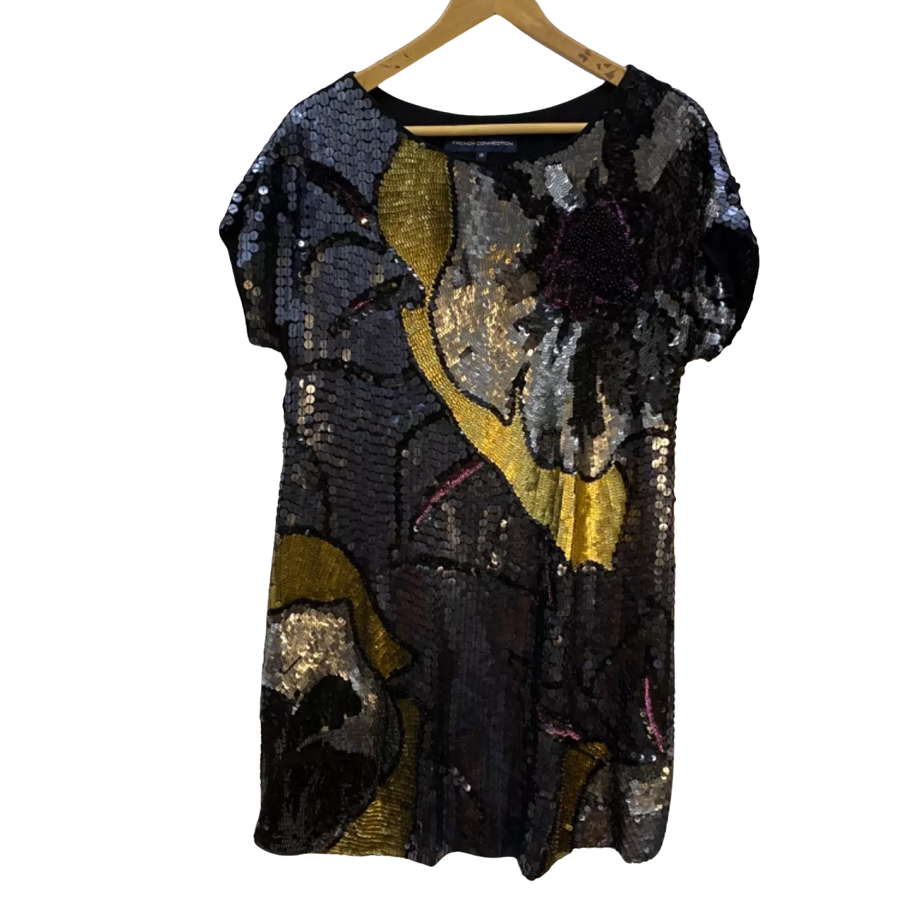 french connection black gold dress $228 French Connection Women's Black Gold Sequined Mini Slip Dress Size 0