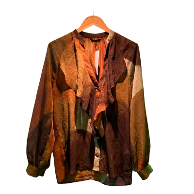Zara Womens  Size M Long Sleeve Shirt Beige / Black  / Pattern 
