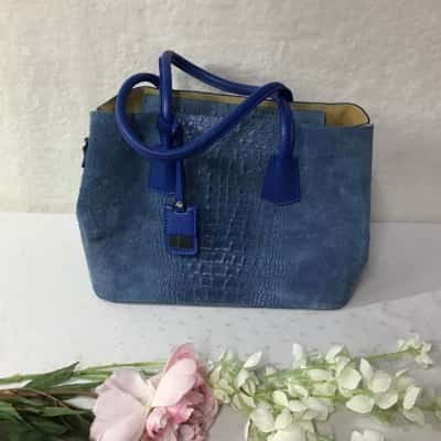  Womens Blue Textured Genuine Leather Suede Carryall Top Handle Tote Bag