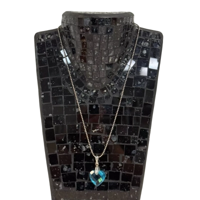 Silver Tone Ball Chain Necklace and Blue Swarovski Crystal Faceted Heart Pendant 
