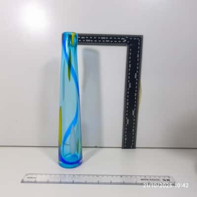 Blown Glass Vase Tall Slim Blue Yellow Murano Style Tri Colour 