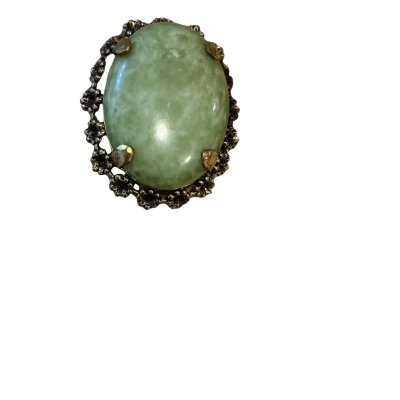 Vintage Green Cabochon Brooch - Gold Tone