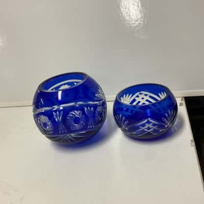 Vintage cobalt blue cut  to clear round glass candle holders set of 2