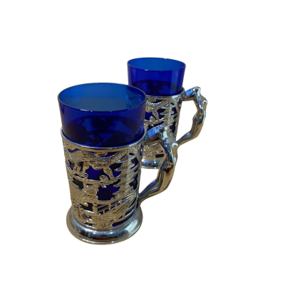Blue & Silver Oriental style Intricate Designer Mugs with a maiden Handle 
