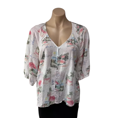 Just Jeans Womens Size 14 White / Multicoloured Tropical Button up Short Sleeve Top 