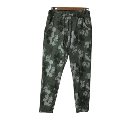 Bottega Moda Womens Size 8 Sage Green / Khaki Green / Cream Floral Pattern Elastic Waist Pants