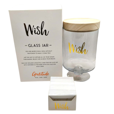 Wish Glass Jar - Gratitude. Size : H 10.2 inches /D 6 inches   H 26 cm / D 15 cm.  Imagine with all your mind.  Believe With All Your Heart. Achieve With All Your Might.  (brica cubes)