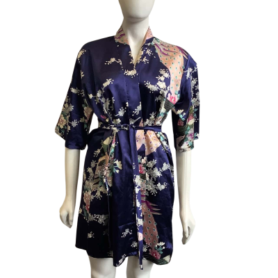 Women's Size S Silk Robe Navy Blue Cherry Blossom & Peacock Print 