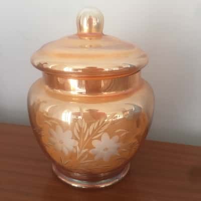 Vintage Lustre Glass Ginger Jar with Etched Flower Beautiful 18 cm 