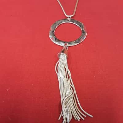 Long rope chain  with large retro circle and tassel pendant  necklace