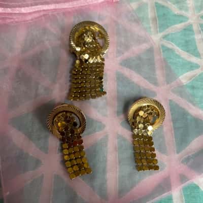 Vintage Gold Tone Mesh Earring & Brooch Set Womens 