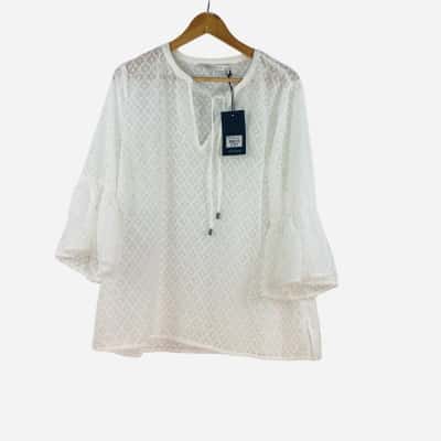Jeanswest - White Julianna Frill Sleeve Top (Size 16)