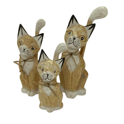 Set of 3 Wooden Cats - Cream & White - hand painted.