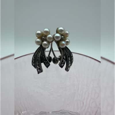 Vintage Marcasite & Pearl Screw Back Earrings Stamped 925 Silver