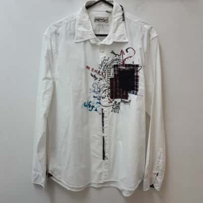 Desigual Mens  Size XL arty quirky white cotton shirt