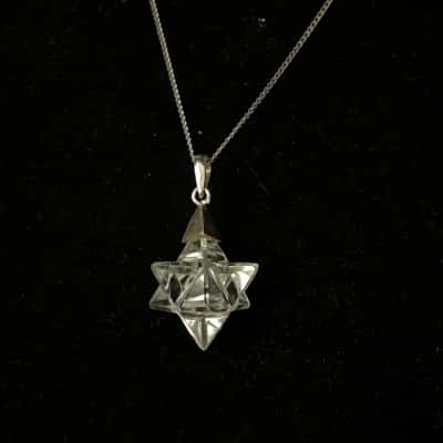 925 Stamped Chain With Glass or Clear Quarts Merkabah Pendant 