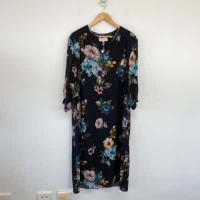 Veronika Maine Black Floral 3/4 Sleeve Midi Dress Size 10 