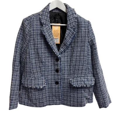 Liz Jordan Size 14 Fringe Trim Jacket Chambray Blue / Pattern / White 