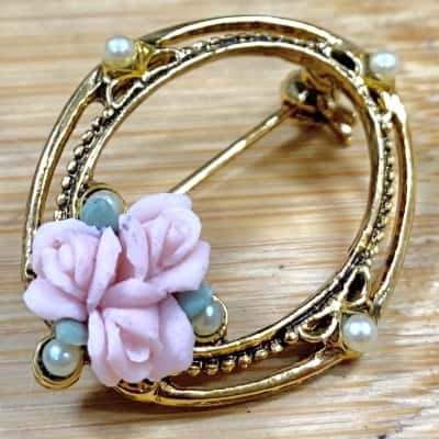 Gold-Tone Flower & Faux Pearl Oval Brooch